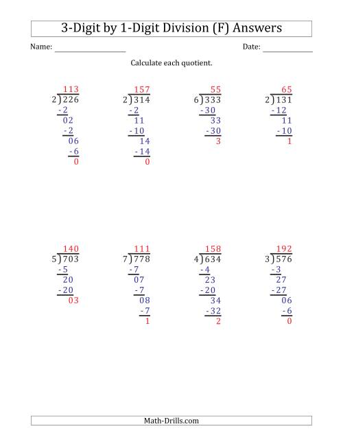 The 3-Digit by 1-Digit Long Division with Remainders and Steps Shown on Answer Key (F) Math Worksheet Page 2