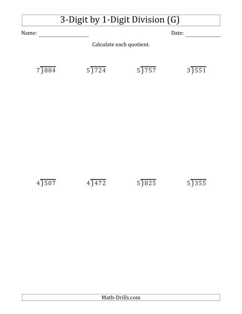 The 3-Digit by 1-Digit Long Division with Remainders and Steps Shown on Answer Key (G) Math Worksheet