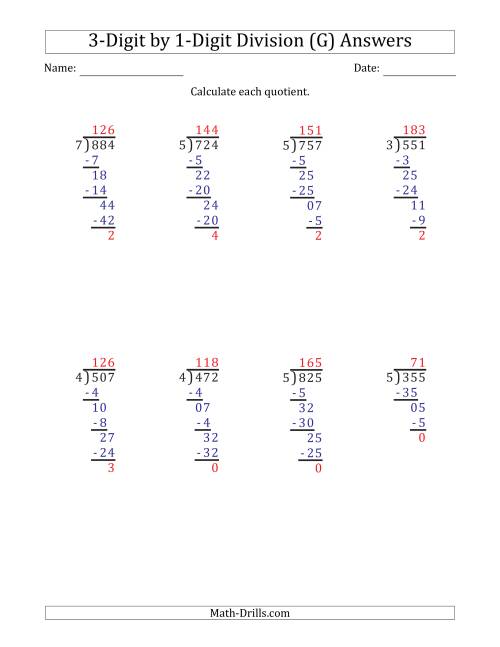 The 3-Digit by 1-Digit Long Division with Remainders and Steps Shown on Answer Key (G) Math Worksheet Page 2