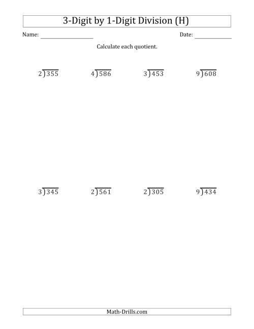 The 3-Digit by 1-Digit Long Division with Remainders and Steps Shown on Answer Key (H) Math Worksheet