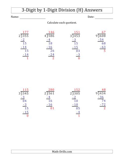 The 3-Digit by 1-Digit Long Division with Remainders and Steps Shown on Answer Key (H) Math Worksheet Page 2