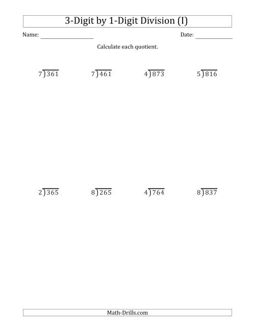 The 3-Digit by 1-Digit Long Division with Remainders and Steps Shown on Answer Key (I) Math Worksheet