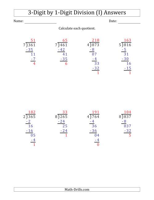 The 3-Digit by 1-Digit Long Division with Remainders and Steps Shown on Answer Key (I) Math Worksheet Page 2