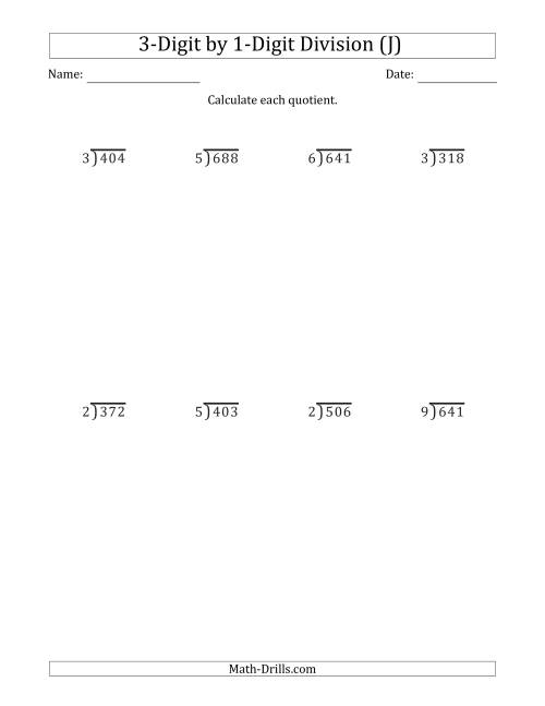 The 3-Digit by 1-Digit Long Division with Remainders and Steps Shown on Answer Key (J) Math Worksheet