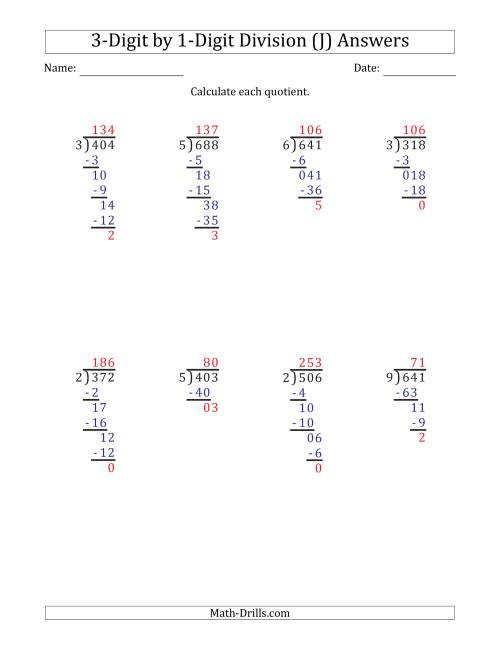 The 3-Digit by 1-Digit Long Division with Remainders and Steps Shown on Answer Key (J) Math Worksheet Page 2