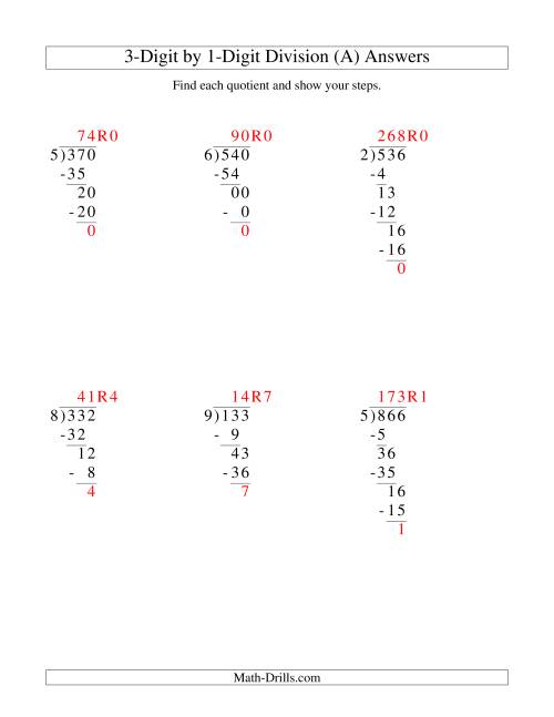 The Dividing a 3-Digit Dividend by a 1-Digit Divisor and Showing Steps (Old) Math Worksheet Page 2