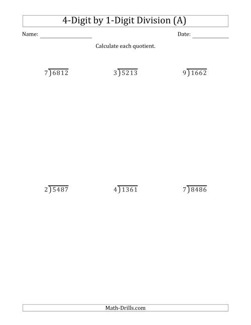 The 4-Digit by 1-Digit Long Division with Remainders and Steps Shown on Answer Key (A) Math Worksheet