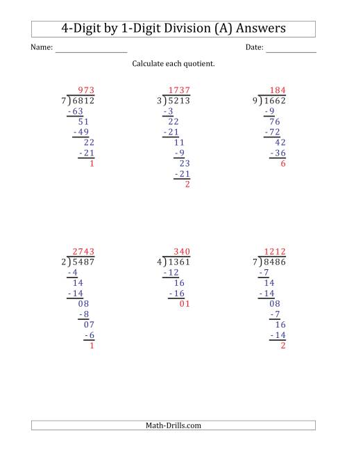 The 4-Digit by 1-Digit Long Division with Remainders and Steps Shown on Answer Key (A) Math Worksheet Page 2