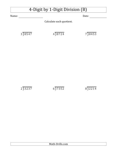 The 4-Digit by 1-Digit Long Division with Remainders and Steps Shown on Answer Key (B) Math Worksheet