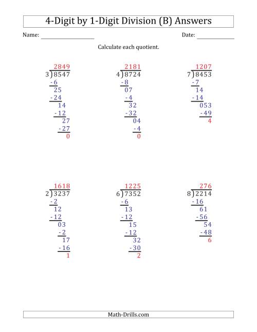 The 4-Digit by 1-Digit Long Division with Remainders and Steps Shown on Answer Key (B) Math Worksheet Page 2