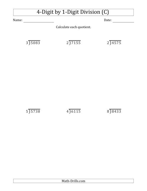 The 4-Digit by 1-Digit Long Division with Remainders and Steps Shown on Answer Key (C) Math Worksheet