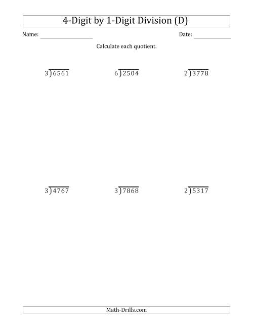 The 4-Digit by 1-Digit Long Division with Remainders and Steps Shown on Answer Key (D) Math Worksheet
