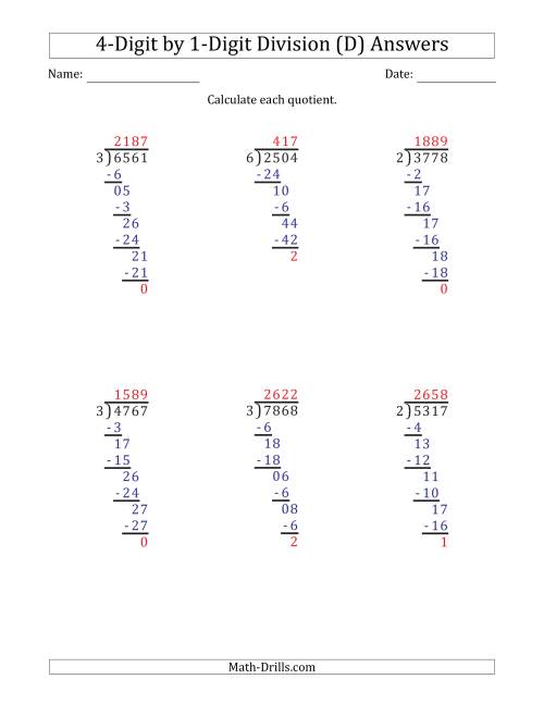 The 4-Digit by 1-Digit Long Division with Remainders and Steps Shown on Answer Key (D) Math Worksheet Page 2