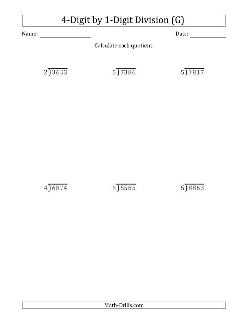 The 4-Digit by 1-Digit Long Division with Remainders and Steps Shown on Answer Key (G) Math Worksheet