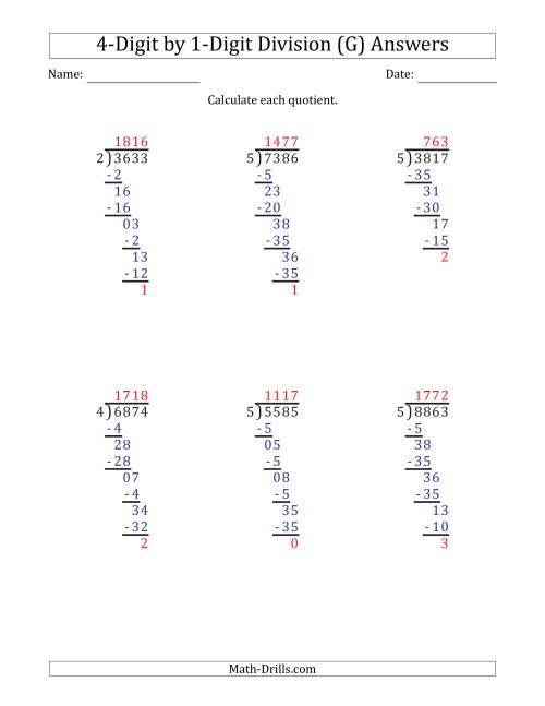 The 4-Digit by 1-Digit Long Division with Remainders and Steps Shown on Answer Key (G) Math Worksheet Page 2