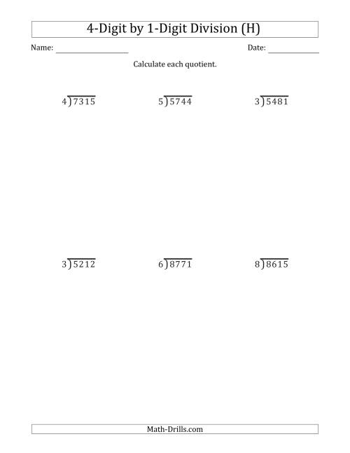 The 4-Digit by 1-Digit Long Division with Remainders and Steps Shown on Answer Key (H) Math Worksheet