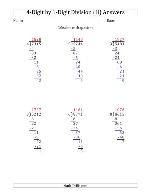 The 4-Digit by 1-Digit Long Division with Remainders and Steps Shown on Answer Key (H) Math Worksheet Page 2