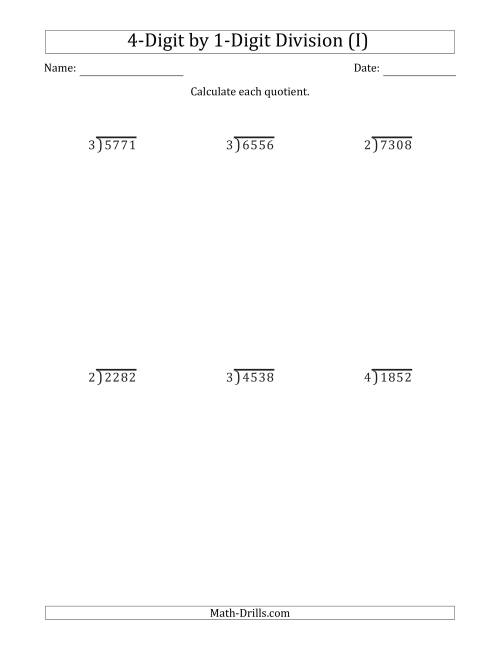The 4-Digit by 1-Digit Long Division with Remainders and Steps Shown on Answer Key (I) Math Worksheet