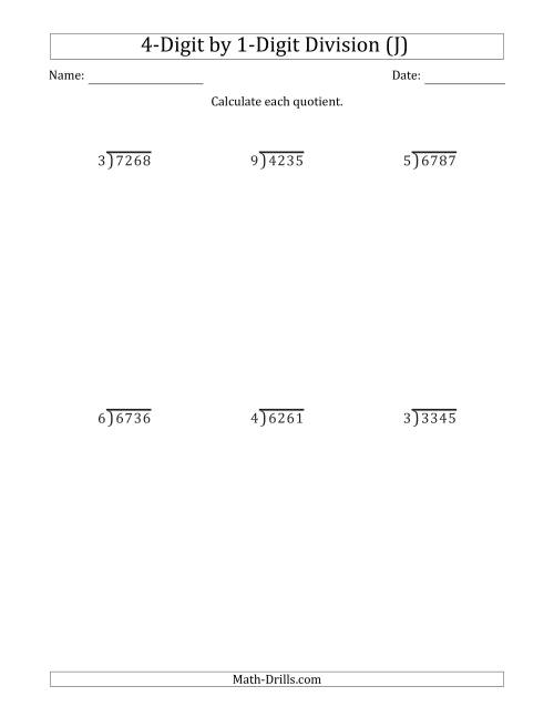 The 4-Digit by 1-Digit Long Division with Remainders and Steps Shown on Answer Key (J) Math Worksheet