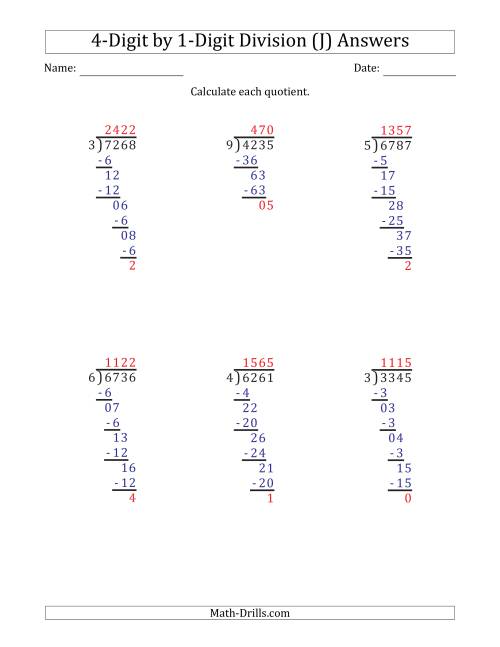 The 4-Digit by 1-Digit Long Division with Remainders and Steps Shown on Answer Key (J) Math Worksheet Page 2