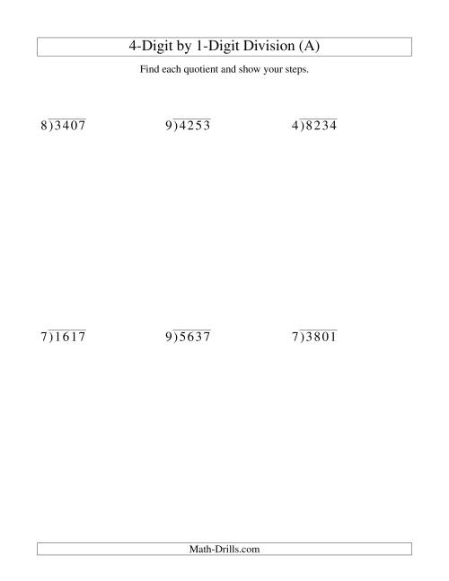 The Dividing a 4-Digit Dividend by a 1-Digit Divisor and Showing Steps (Old) Math Worksheet