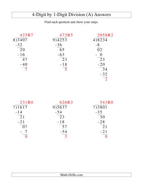 The Dividing a 4-Digit Dividend by a 1-Digit Divisor and Showing Steps (Old) Math Worksheet Page 2