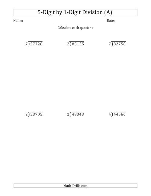 The 5-Digit by 1-Digit Long Division with Remainders and Steps Shown on Answer Key (A) Math Worksheet