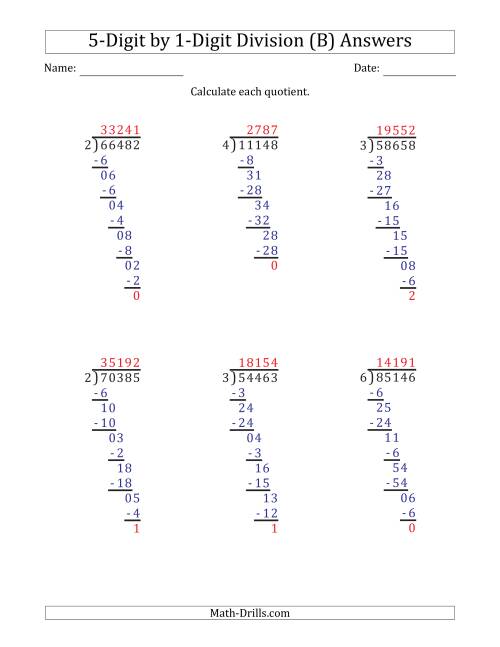 The 5-Digit by 1-Digit Long Division with Remainders and Steps Shown on Answer Key (B) Math Worksheet Page 2