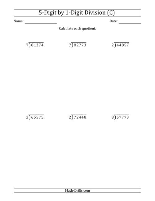 The 5-Digit by 1-Digit Long Division with Remainders and Steps Shown on Answer Key (C) Math Worksheet