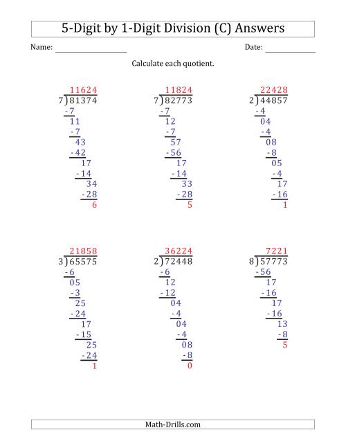 The 5-Digit by 1-Digit Long Division with Remainders and Steps Shown on Answer Key (C) Math Worksheet Page 2