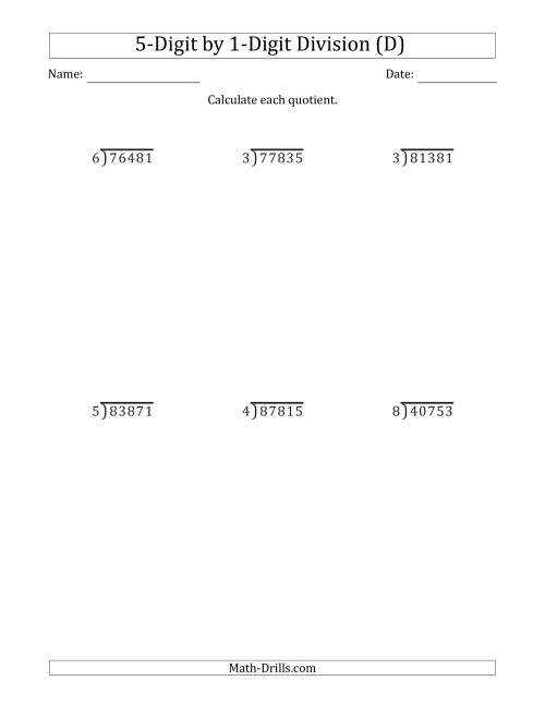 The 5-Digit by 1-Digit Long Division with Remainders and Steps Shown on Answer Key (D) Math Worksheet