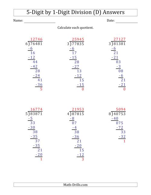 The 5-Digit by 1-Digit Long Division with Remainders and Steps Shown on Answer Key (D) Math Worksheet Page 2