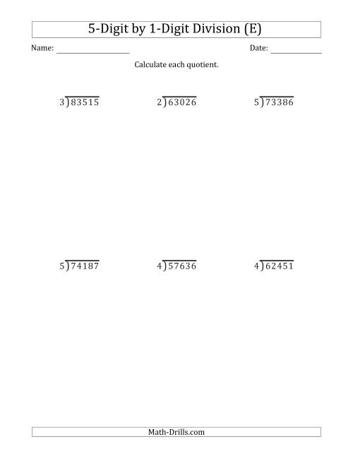 The 5-Digit by 1-Digit Long Division with Remainders and Steps Shown on Answer Key (E) Math Worksheet