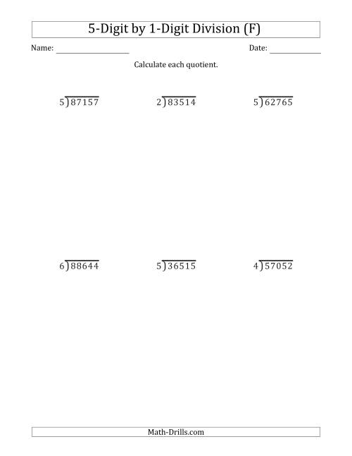 The 5-Digit by 1-Digit Long Division with Remainders and Steps Shown on Answer Key (F) Math Worksheet