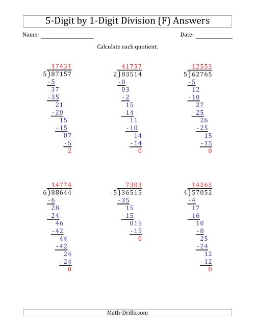 The 5-Digit by 1-Digit Long Division with Remainders and Steps Shown on Answer Key (F) Math Worksheet Page 2