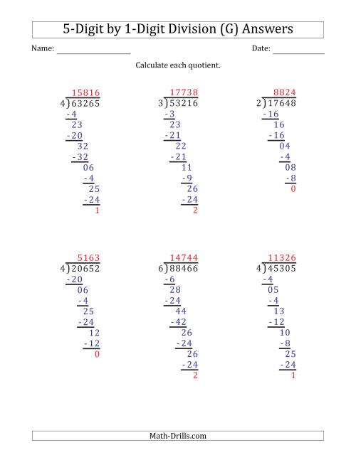 The 5-Digit by 1-Digit Long Division with Remainders and Steps Shown on Answer Key (G) Math Worksheet Page 2