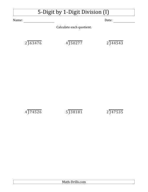 The 5-Digit by 1-Digit Long Division with Remainders and Steps Shown on Answer Key (I) Math Worksheet
