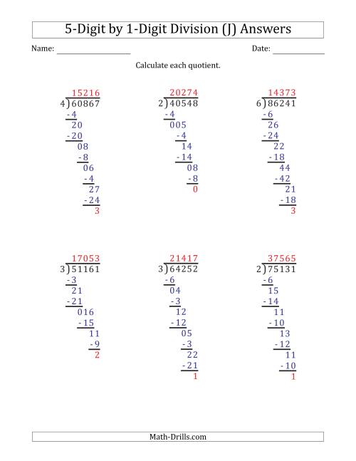 The 5-Digit by 1-Digit Long Division with Remainders and Steps Shown on Answer Key (J) Math Worksheet Page 2