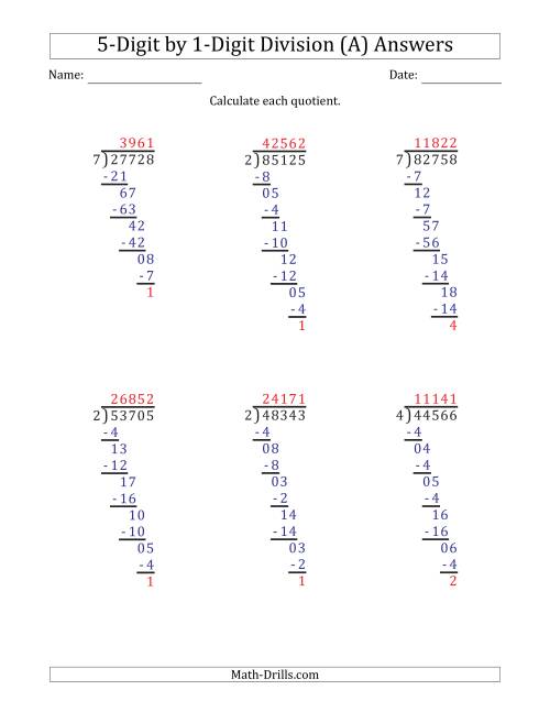 The 5-Digit by 1-Digit Long Division with Remainders and Steps Shown on Answer Key (All) Math Worksheet Page 2