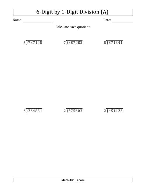 The 6-Digit by 1-Digit Long Division with Remainders and Steps Shown on Answer Key (A) Math Worksheet