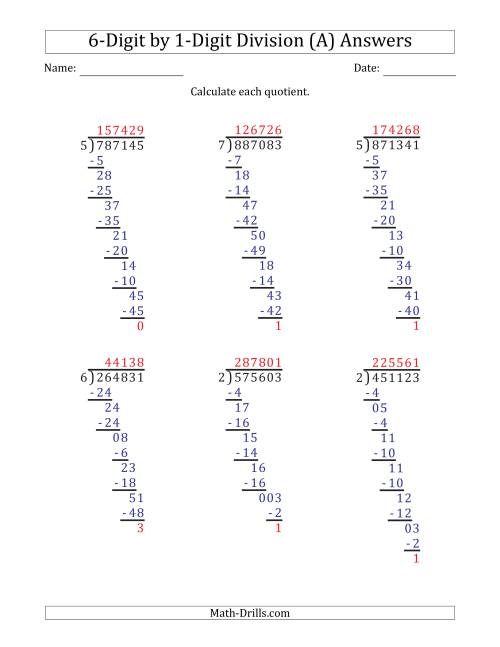 The 6-Digit by 1-Digit Long Division with Remainders and Steps Shown on Answer Key (A) Math Worksheet Page 2