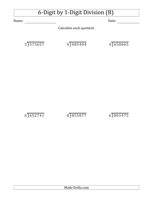The 6-Digit by 1-Digit Long Division with Remainders and Steps Shown on Answer Key (B) Math Worksheet