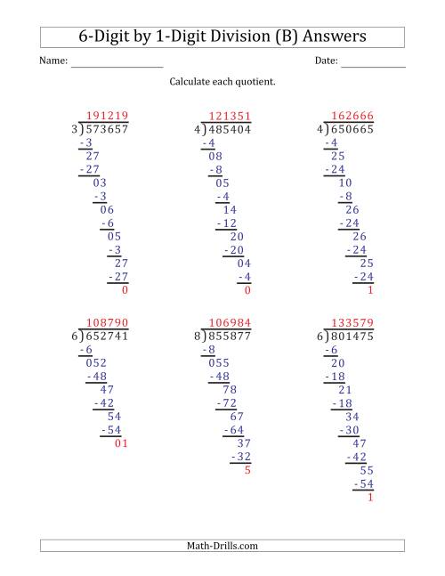 The 6-Digit by 1-Digit Long Division with Remainders and Steps Shown on Answer Key (B) Math Worksheet Page 2