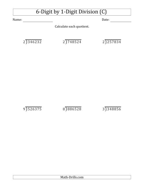 The 6-Digit by 1-Digit Long Division with Remainders and Steps Shown on Answer Key (C) Math Worksheet