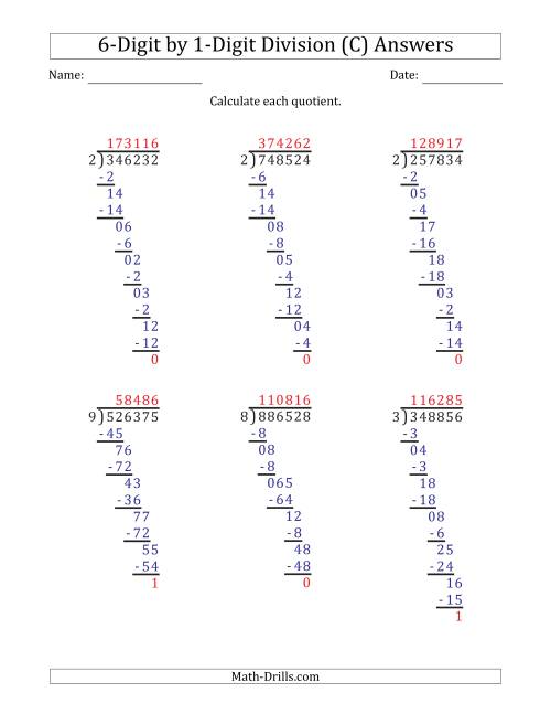 The 6-Digit by 1-Digit Long Division with Remainders and Steps Shown on Answer Key (C) Math Worksheet Page 2
