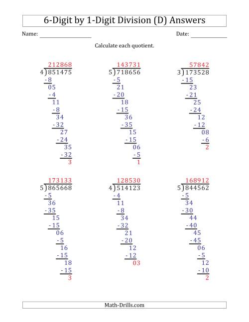 The 6-Digit by 1-Digit Long Division with Remainders and Steps Shown on Answer Key (D) Math Worksheet Page 2