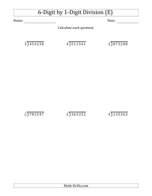 The 6-Digit by 1-Digit Long Division with Remainders and Steps Shown on Answer Key (E) Math Worksheet