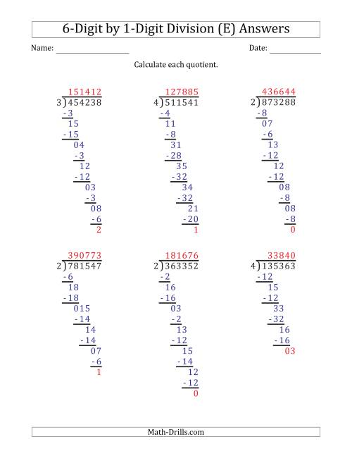 The 6-Digit by 1-Digit Long Division with Remainders and Steps Shown on Answer Key (E) Math Worksheet Page 2