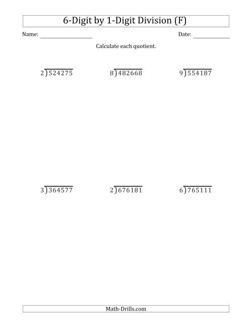 The 6-Digit by 1-Digit Long Division with Remainders and Steps Shown on Answer Key (F) Math Worksheet