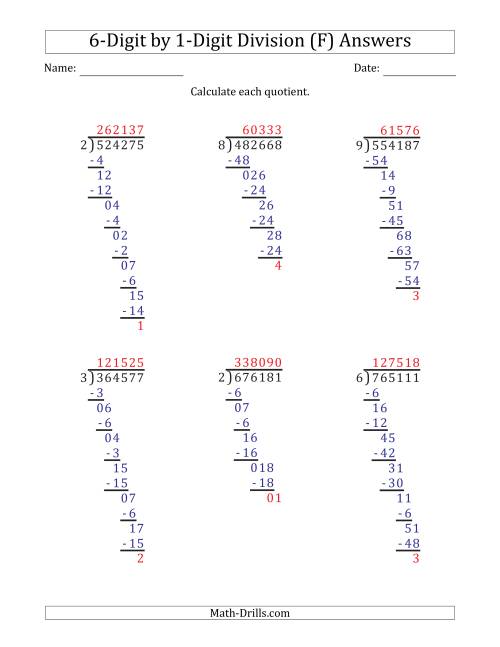 The 6-Digit by 1-Digit Long Division with Remainders and Steps Shown on Answer Key (F) Math Worksheet Page 2